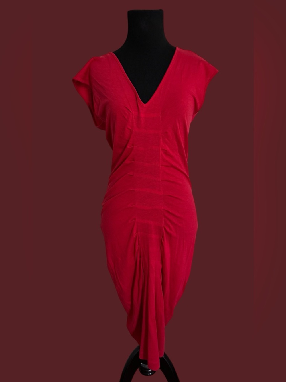 Theory Red V-Neck Draped Sleeveless Dress Size S